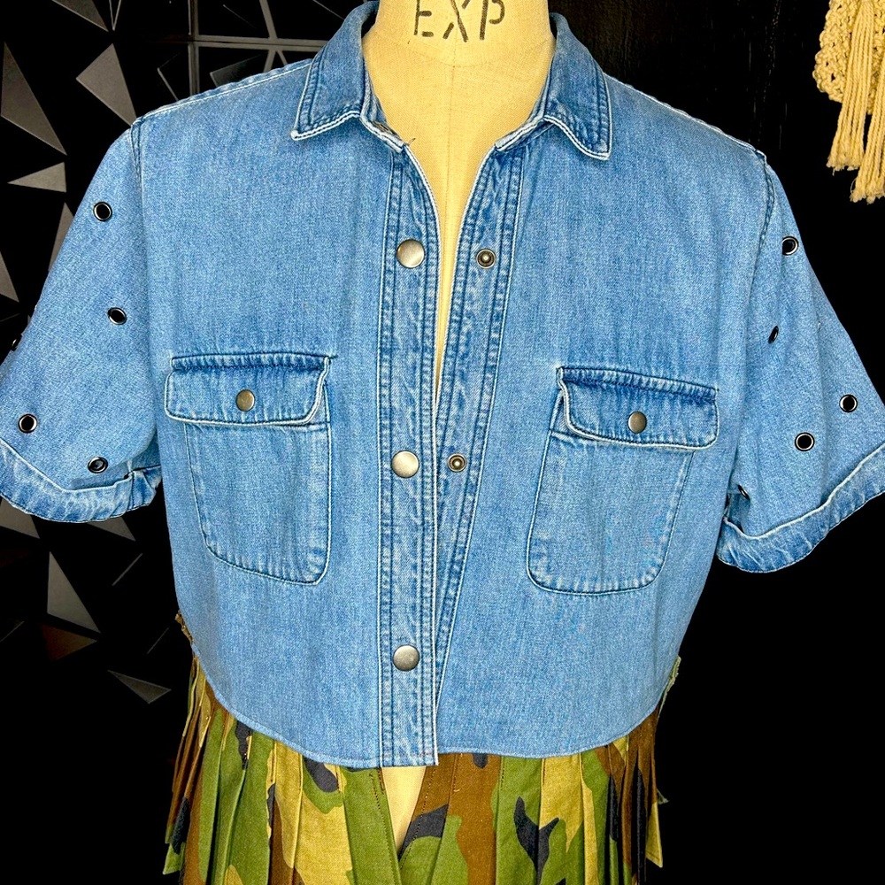 Handmade and Hand-Painted Up Cycled Denim  Jacket with Camouflage pleated bottom